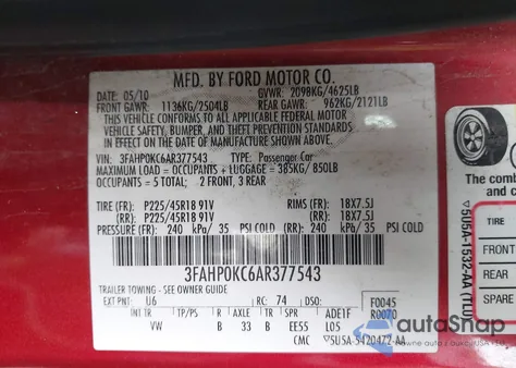 2010 Ford Fusion Sport from USA, damaged, VIN 3FAHP0KC6AR377543
